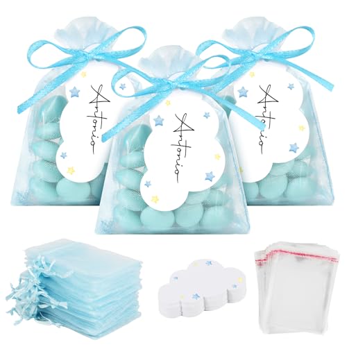 BOFUNX 50 Set Taufe Gastgeschenke, 50pcs Organzasäckchen + 100pcs Klein Cellophantüten + 50pcs Wolken Geschenkanhänger + Seidenband, Geburt Taufe Party Gastgeschenke von BOFUNX