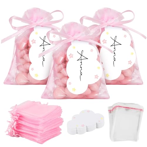 BOFUNX 50 Set Taufe Gastgeschenke, 50pcs Organzasäckchen + 100pcs Klein Cellophantüten + 50pcs Wolken Geschenkanhänger + Seidenband, Geburt Taufe Party Gastgeschenke von BOFUNX