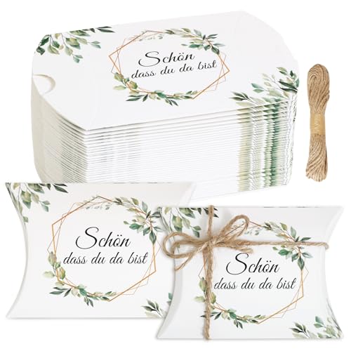 BOFUNX 50 Stück Schön Dass Du Da Bist Gastgeschenke Geschenkboxen Taufe Kommunion Konfirmation Gastgeschenk Box Hochzeit Geschenkboxen Kissenschachtel für Süßigkeiten Schokolade Kekse von BOFUNX