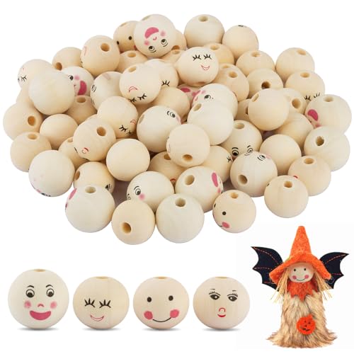 BOFUNX 80pcs Holzperlen mit Gesicht 20/22mm, 4 Stile Weihnachts Holzperlen Naturholzperlen für Weihnachts Zwerg, Weihnachtsengel, DIY Puppenköpfe, Handwerk Glückswürmchen Sorgenwurm von BOFUNX