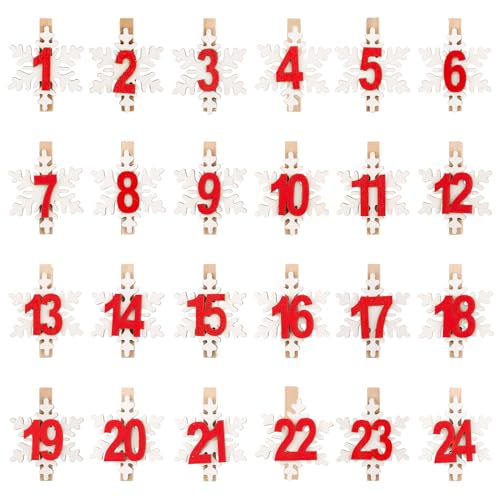 BOFUNX Adventskalender Klammern mit Zahlen 1-24 Adventskalender Holz Zahlen Mini Schneeflocken Holzklammern für Adventskalender Weihnachtskalender Basteln Weihnachtsdeko Handwerk von BOFUNX