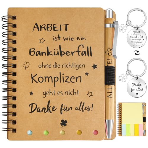 BOFUNX Danke Geschenk für Kollegen Notizblock mit Spruch Arbeit ist wie ein Banküberfall und Holz Kugelschreiber Schlüsselanhänger Abschiedsgeschenk Kollegen Mitarbeiter Jobwechsel von BOFUNX