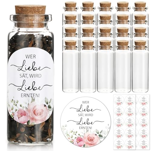 BOFUNX Gastgeschenke Hochzeit 20pcs - Wer Liebe sät, wird Liebe ernten Glasflaschen für Blumensamen zur Hochzeitsgeschenk Gastgeschenk für Hochzeit Taufe Kommunion Konfirmation Geburtstag Jugendweihe von BOFUNX