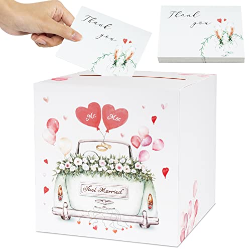 BOFUNX Hochzeit Kartenbox mit 30 Stücke Thankyou Grußkarten Hochzeitsdeko Hochzeitsbox Geschenkkarten Partydeko Geschenkkartenbox Geld Box Briefbox Postbox von BOFUNX