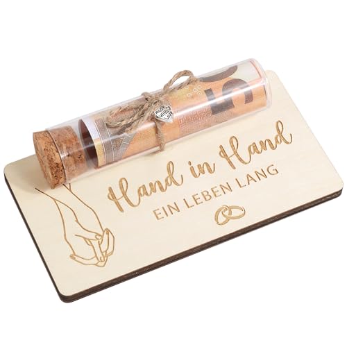 BOFUNX Hochzeitsgeschenk für Brautpaar Hand in Hand EIN Leben lang Geldgeschenke Verpackung mit Reagenzgläser Hochzeitskarte Hochzeit Gutschein Geschenk aus Holz für Hochzeit Brautpaar Flitterwochen von BOFUNX