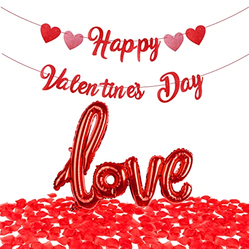 BOFUNX Valentinstag Deko Set Rot Herz Folienballon, Happy Valentines Day Banner, 200 Stück Rosenblätter Romantisch Dekoration für Hochzeit,Dating,Verlobung,Vorschlag von BOFUNX