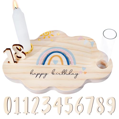 Geburtstagsteller aus Holz mit Kerzenhalter Vase Jahreszahlen 0-9 Gästebuch Geburtstag Geburtstagsdeko Geburtstagsgeschenk für Jungen Mädchen Erwachsene von BOFUNX