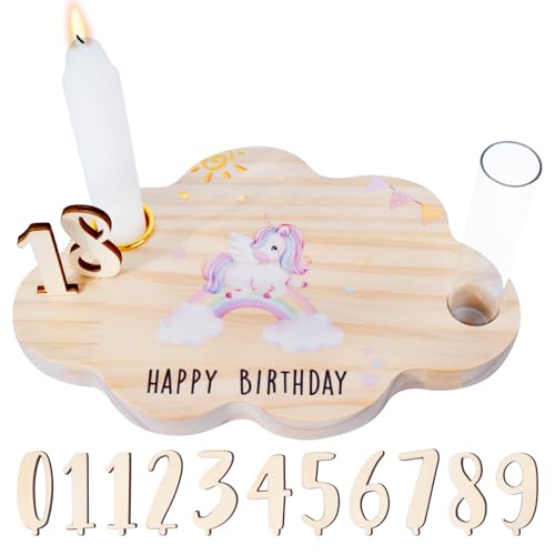 Geburtstagsteller aus Holz mit Kerzenhalter Vase Jahreszahlen 0-9 Gästebuch Geburtstag Geburtstagsdeko Geburtstagsgeschenk für Jungen Mädchen Erwachsene von BOFUNX