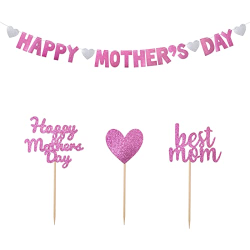 Happy Mother's Day Banner Deko + 24pcs Cupcake Topper, Mutter 's Day Banner Girlande Rosegold Tortenstecker Dekoration für Muttertag Geburtstag Party Dekoration von BOFUNX