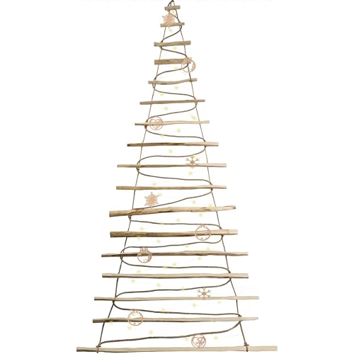 BOGATECO Handgemacht Weihnachtsbaum mit Dekorationen, aus Haselnussholz | Deko Anhänger | Holzplatten verbunden mit einem Juteseil mit Einer Dicke von 6 mm (205cm mit Dekorationen) von BOGATECO