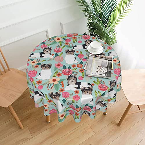Runde Tischdecke mit niedlichen Biewer-Terrier-Hunden, Rosen- und Blumenmuster, waschbare Tischdecke, dekorative Tischdecken für den Esstisch in der Küche von BOHHO
