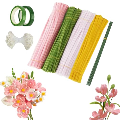 Pfeifenreiniger Blumen Set, mit 400 Stück Pfeifenputzer zum Basteln (4 Farben), mit Blumendraht, Klebeband,Blumenstäbe,DIY Blumenstrauß Anleitung (Pink) von BOHJPIS
