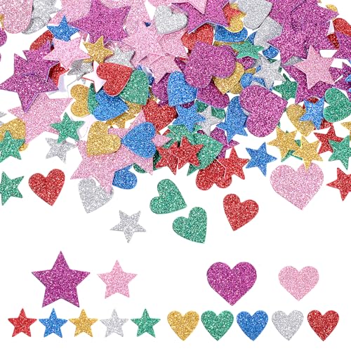 BIHUIZ 320 Stück Glitzernde Schaumstoff Aufkleber, Stern und Herz Sticker Bunte Selbstklebend Glitzer Moosgummi Stickers für Kinder Wand Dekoration Basteln von BOHUIZ