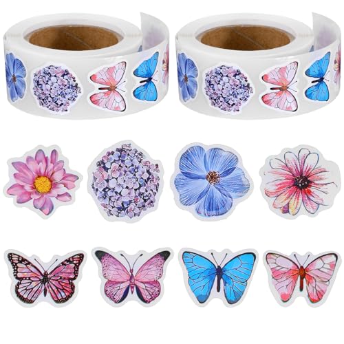 BOHUIZ 2 Rollen Sticker Blumen & Schmetterlinge,1000 Stück Schmetterlings Blumen Aufkleber Dekorative Aufkleber Stickerrolle für DIY Handwerk Scrapbooking Umschläge von BOHUIZ
