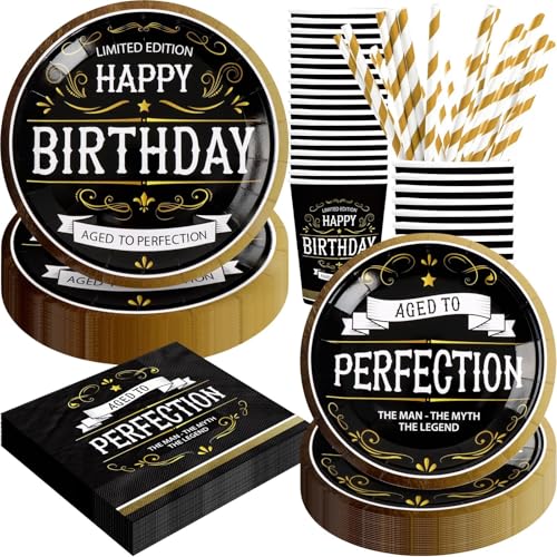 BOIKOKY Aged to Perfection Geburtstagsdekorationen, 120 Stück Geburtstagsparty Dekorationen für Männer, inklusive Papptellern, Servietten, Bechern | Für 24 Personen von BOIKOKY