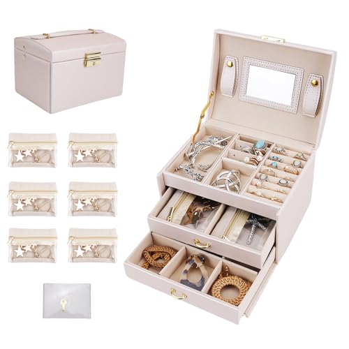 Große Schmuckschatulle mit 6 Samt-Schmuckbeuteln, 3-stöckig, PU-Leder, Schmuck-Aufbewahrungsbox mit Spiegelschloss, abnehmbares Tablett, Schmuckzubehör für Ohrringe, Ringe, Armbänder (Rosa) von BOJVESH