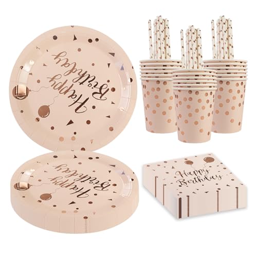 BOKFJBP 80 Stück Geburtstag Party Geschirr Set, Roségold Ballon Kinder Wiederverwendbar Liefert Papier Teller Servietten Tassen Strohhalme für Babydusche Hochzeit Deko Junge Mädchen dient 16 von BOKFJBP