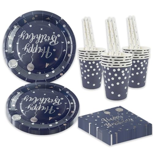 BOKFJBP 80 Stück Geburtstag Party Geschirr Set, Blau und Silber Ballon Kinder Wiederverwendbar Liefert Papier Teller Servietten Tassen Strohhalme für Babydusche Hochzeit Deko Junge Mädchen dient 16 von BOKFJBP