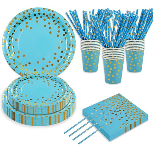 80Stuck Geburtstag Party Geschirr Set, Gold Ballon Dekorationen liefert Geschirr Geburtstag Party Teller Servietten PapierTassen Strohhalme dient für 16 (Blau-Gold-Punkt) von BOKFJBP