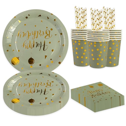 BOKFJBP 80 Stück Geburtstag Party Geschirr Set, Salbeigrün Gold Ballon Kinder Wiederverwendbar Liefert Papier Teller Servietten Tassen Strohhalme für Babydusche Hochzeit Deko Junge Mädchen dient 16 von BOKFJBP