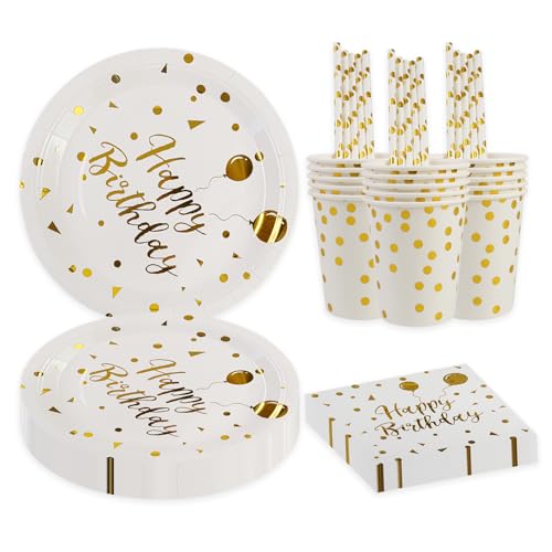 BOKFJBP 80Stück Geburtstag Party Geschirr Set, Weißgold Party Dekorationen liefert Geschirr Teller Servietten Papier Tassen Strohhalme für Kindergeburtstag Deko Junge Mädchen dient16 (Weißgold) von BOKFJBP