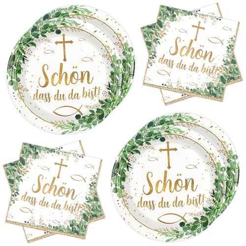 BOKFJBP 40Stück Kommunion Deko Servietten und Pappteller Fisch Eukalyptus mit Spruch Schön dass du da bistTischdeko für Taufe Konfirmation und mehr. Ideal für Jungen Mädchen Baby Shower Geburtstag BOKFJBP 40Stück Kommunion Deko Servietten und Pappteller Fisch Eukalyptus mit Spruch Schön dass du da bistTischdeko für Taufe Konfirmation und mehr. Ideal für Jungen Mädchen Baby Shower Geburtstag von BOKFJBP