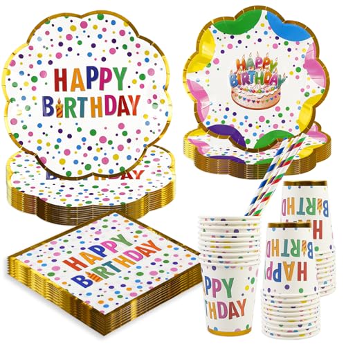 BOKFJBP 50Stück Geburtstag Party Geschirr Set Happy Birthday Bunte Polka Dot Lacy Papier Teller Bunte Servietten Tassen Stroh für Kind Erwachsene Baby Dusche Dekorationen Servieren für 10 Gäste BOKFJBP 50Stück Geburtstag Party Geschirr Set Happy Birthday Bunte Polka Dot Lacy Papier Teller Bunte Servietten Tassen Stroh für Kind Erwachsene Baby Dusche Dekorationen Servieren für 10 Gäste von BOKFJBP