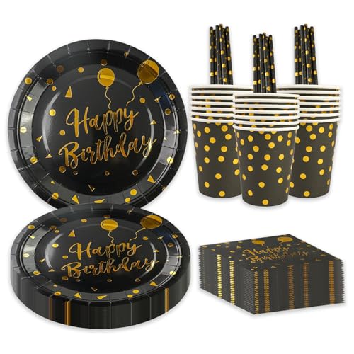 BOKFJBP 80 Stück Geburtstag Party Geschirr Set,Schwarzes Gold Ballon Kinder Wiederverwendbar Liefert Papier Teller Servietten Tassen Strohhalme für Babydusche Hochzeit Deko Junge Mädchen dient 16 von BOKFJBP