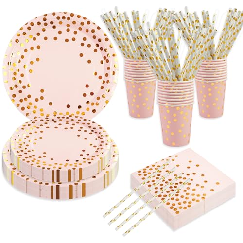 BOKFJBP 80Stück Geburtstag Party Geschirr Set, Roségoldener Punkt Geschirrspüler Geburtstagsfeier Teller Servietten Papierbescharen Stroh für Mädchen Frauen Glückliches Geburtstagsdekor serviert 16 von BOKFJBP
