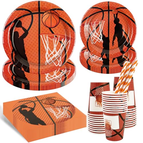 Basketball Deko Geburtstag-50 Stück Basketball Partygeschirr Set Kinder Geschirr Orange 9 Zoll & 7 Zoll Teller Becher Servietten Trinkhalm für Liebhaber Kindergeburtstag 10 Personen von BOKFJBP