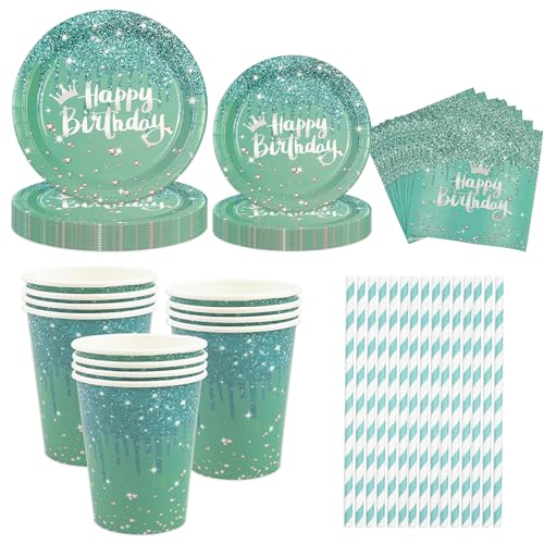 Grünem Gold Partygeschirr, 50 Stück Diamanten 23cm/18cm Pappteller Tassen Servietten Strohhalme Bling Hell Geburtstag Partygeschirr für Happy Birthday Hochzeitsparty Tischdekorationen-10 Gäste von BOKFJBP