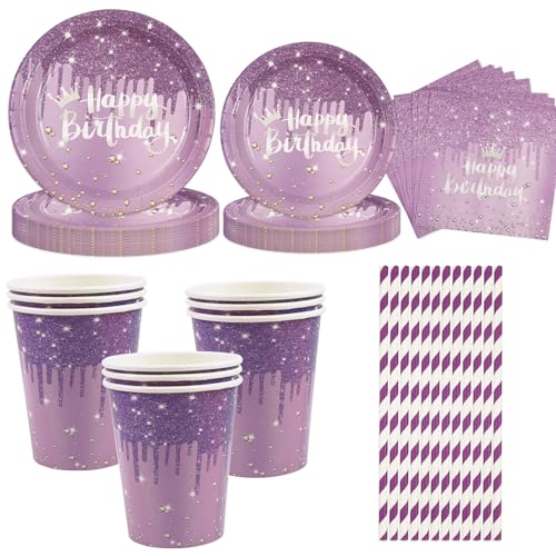 Lilagold Partygeschirr, 50Stück Kindergeburtstag Set Diamanten 23cm/18cm Pappteller Tassen Servietten Strohhalmebling Geburtstag Partygeschirr für Alles Gute zum Geburtstag Hochzeit Tischdekorationen von BOKFJBP