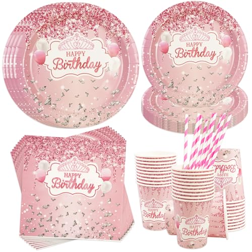 Rosegold Partygeschirr Set, 50Stück Rosegold Krone Geburtstag Party Geschirr Pappteller Set Mädchen mit Pappteller Tassen Strohhalme Servietten für Geburtstagsdeko Mädchen Party Dusche 10 Gäste von BOKFJBP