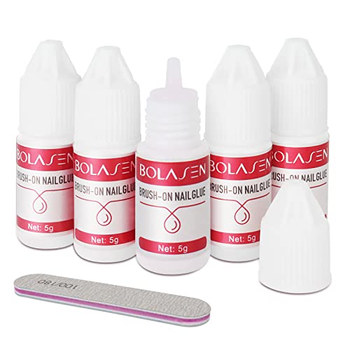 BOLASEN Nagelkleber Für Tips, 5 Stück 5g Nagelkleber Extra Stark Mit 1 Stück 100/180 Nagelfeile, Nägel Kleber Für Nägel, Nagelkleber Für Eingerissene Nägel, Nagelkleber Für Kunstnägel Zuhause & Salon von BOLASEN