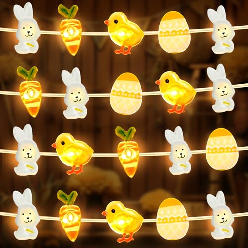 BOLWEO Ostern Lichterketten 6.56Ft 2M 20 LED Ostern Lichterkette mit Timer Batteriebetrieben mit Ostereiern, Huhn, Hase und Karotte LED Lichterkette für Innen Außen DIY Osterparty von BOLWEO
