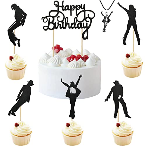 BOMJJOR Kuchendekoration "Happy Birthday", 7 Stück, mit MJ-Halskette, "Dance King Forever", Kuchenaufsatz, Michael-Anhänger, Themenparty, Kuchendekorationen von BOMJJOR