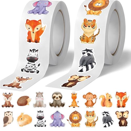 1000 Stück Runde Tier Aufkleber, Stickerrolle Kinder, Tier Belohnungsaufkleber, Animal Sticker Rolle, Tieraufkleber Runde, Cartoon Aufkleber Kinder, Tiermuster Sticker (WildeTier) von BOMULEZG
