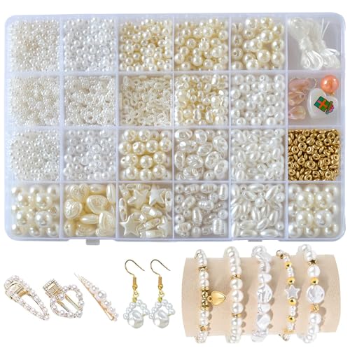 BOMULEZG Weiße Perlen Set zum Armbänder Selber Machen, DIY Schmuck Bastelset für Mädchen & Erwachsene, Perlen zum Auffädeln für Armband, Halskette, Geschenkideen (2) von BOMULEZG