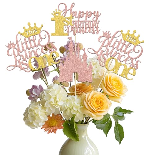 12 Stück Kleine Prinzessin 1. Geburtstag Mittelstück Stick Baby Mädchen 1. Geburtstag Babyparty Party Dekorationen Supplies Roségold Glitzer von BOMXOI