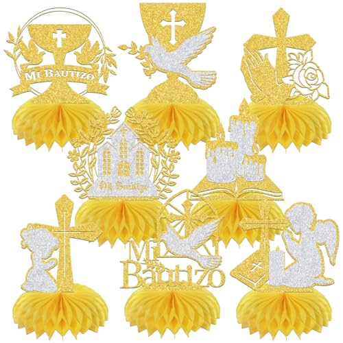 8 Stück spanische Mi Bautizo Wabenaufsätze, mexikanische Taufe, Erstkommunion, Tischdekoration, Gott Segen, Meine Taufe, Konfirmation, Babyparty, Party-Dekoration, Zubehör, Gold/Silber 8 Stück spanische Mi Bautizo Wabenaufsätze, mexikanische Taufe, Erstkommunion, Tischdekoration, Gott Segen, Meine Taufe, Konfirmation, Babyparty, Party-Dekoration, Zubehör, Gold/Silber von BOMXOI