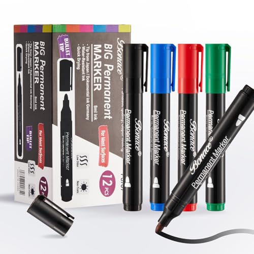 BONACE 12Pcs Permanent Marker Set, schnell trocknend und verblassen resistent feine Spitze Marker für Holz Kunststoff Papier Metall und mehr Zeichnung Färbung und Poster Marker (4 Farbe) von BONACE
