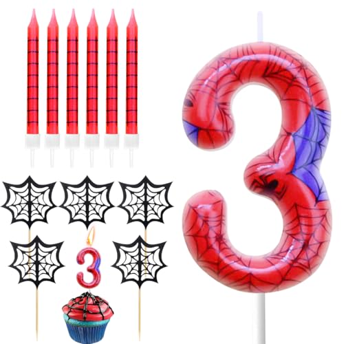 Geburtstagskerzen Zahlen 3, Spinnennetz Kerze 3. Geburtstag, Geburtstagskerzen kuchen mit 6 Lange Kerzen Cake Topper, Rot Kerzen Zahlen für Kuchen Spinne Thema Party Deko von BONHHC