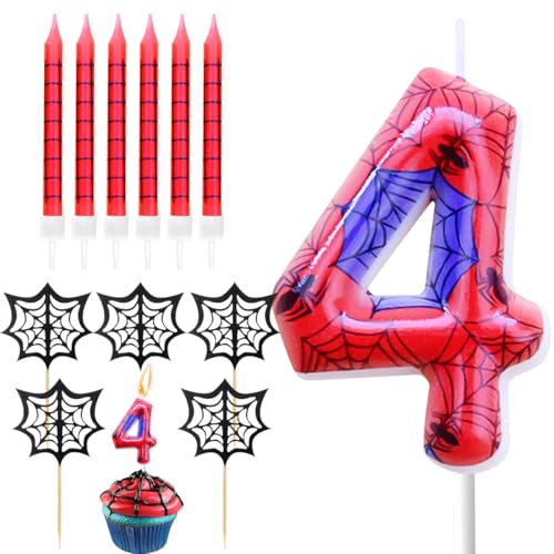 Geburtstagskerzen Zahlen 4, Spinnennetz Kerze 4. Geburtstag, Geburtstagskerzen kuchen mit 6 Lange Kerzen Cake Topper, Rot Kerzen Zahlen für Kuchen Spinne Thema Party Deko Geburtstagskerzen Zahlen 4, Spinnennetz Kerze 4. Geburtstag, Geburtstagskerzen kuchen mit 6 Lange Kerzen Cake Topper, Rot Kerzen Zahlen für Kuchen Spinne Thema Party Deko von BONHHC