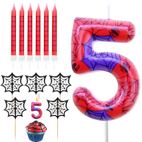Geburtstagskerzen Zahlen 5, Spinnennetz Kerze 5. Geburtstag, Geburtstagskerzen kuchen mit 6 Lange Kerzen Cake Topper, Rot Kerzen Zahlen für Kuchen Spinne Thema Party Deko Geburtstagskerzen Zahlen 5, Spinnennetz Kerze 5. Geburtstag, Geburtstagskerzen kuchen mit 6 Lange Kerzen Cake Topper, Rot Kerzen Zahlen für Kuchen Spinne Thema Party Deko von BONHHC