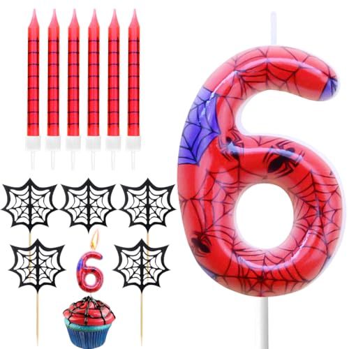 Geburtstagskerzen Zahlen 6, Spinnennetz Kerze 6. Geburtstag, Geburtstagskerzen kuchen mit 6 Lange Kerzen Cake Topper, Rot Kerzen Zahlen für Kuchen Spinne Thema Party Deko von BONHHC