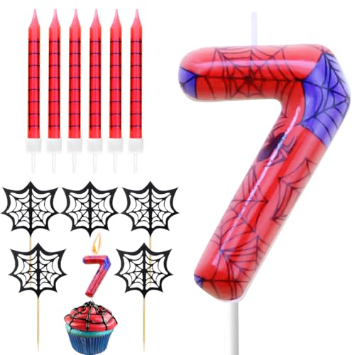 Geburtstagskerzen Zahlen 7, Spinnennetz Kerze 7. Geburtstag, Geburtstagskerzen kuchen mit 6 Lange Kerzen Cake Topper, Rot Kerzen Zahlen für Kuchen Spinne Thema Party Deko Geburtstagskerzen Zahlen 7, Spinnennetz Kerze 7. Geburtstag, Geburtstagskerzen kuchen mit 6 Lange Kerzen Cake Topper, Rot Kerzen Zahlen für Kuchen Spinne Thema Party Deko von BONHHC