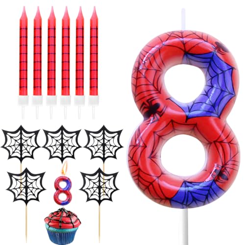 Geburtstagskerzen Zahlen 8, Spinnennetz Kerze 8. Geburtstag, Geburtstagskerzen kuchen mit 6 Lange Kerzen Cake Topper, Rot Kerzen Zahlen für Kuchen Spinne Thema Party Deko Geburtstagskerzen Zahlen 8, Spinnennetz Kerze 8. Geburtstag, Geburtstagskerzen kuchen mit 6 Lange Kerzen Cake Topper, Rot Kerzen Zahlen für Kuchen Spinne Thema Party Deko von BONHHC