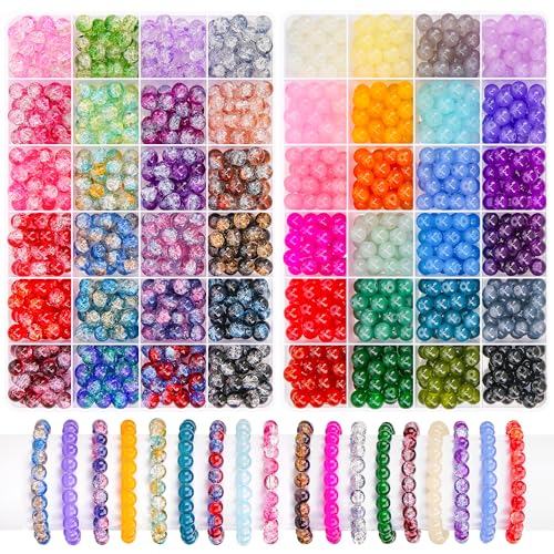 BONNY BOXX Runde Glasperlen für Schmuckherstellung, Kristallperlen in 48 verschiedenen Farben, Craquelé-Glasperlen für Armbänder, Halsketten, Ohrringe, Schmuckdesign und Bastelprojekte, 1200 Stück von BONNY BOXX