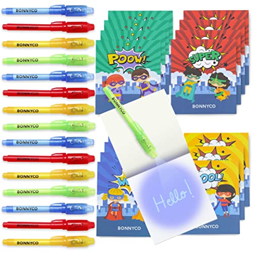 BONNYCO UV Stift und Notizbuch, 16 Stück Superhelden Mitgebsel Kindergeburtstag | Kindergeburtstag Gastgeschenke, Adventskalender und Kleine Geschenke für Kinder, Superhelden Geburtstagsdeko von BONNYCO