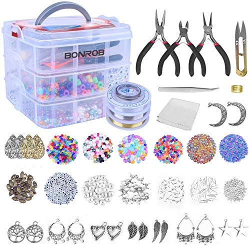BONROB 1500 Stück Schmuckherstellung Set mit Schmuckzange, Buchstaben, Ohrhaken, Perlendraht, Perlen, Charms Anhänger - Werkzeuge und Zubehör für Halskette Ohrring Armband Herstellung Reparatu BONROB 1500 Stück Schmuckherstellung Set mit Schmuckzange, Buchstaben, Ohrhaken, Perlendraht, Perlen, Charms Anhänger - Werkzeuge und Zubehör für Halskette Ohrring Armband Herstellung Reparatu von BONROB